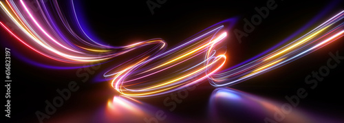 3d render. Abstract neon background. Fluorescent ines glowing in the dark room with floor reflection. Virtual dynamic ribbon. Fantastic panoramic wallpaper. Energy concept