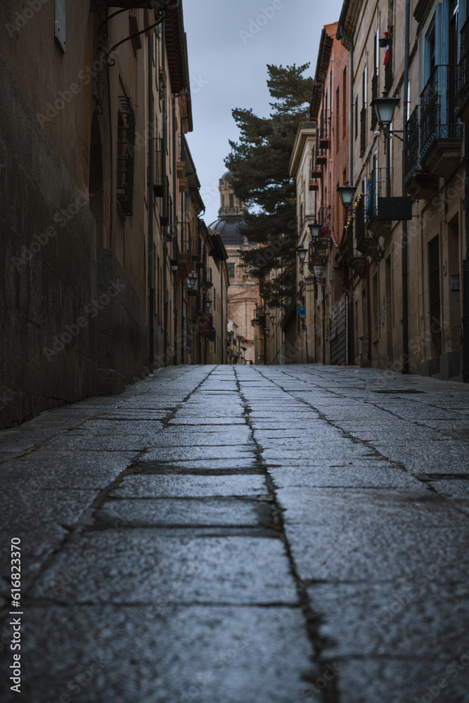 Narrow alley in the old town of Salamanca overlooking the church La Clerecia of the Pontifical University of Salamanca. 