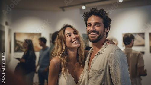 smiling couple on a date at an art museum