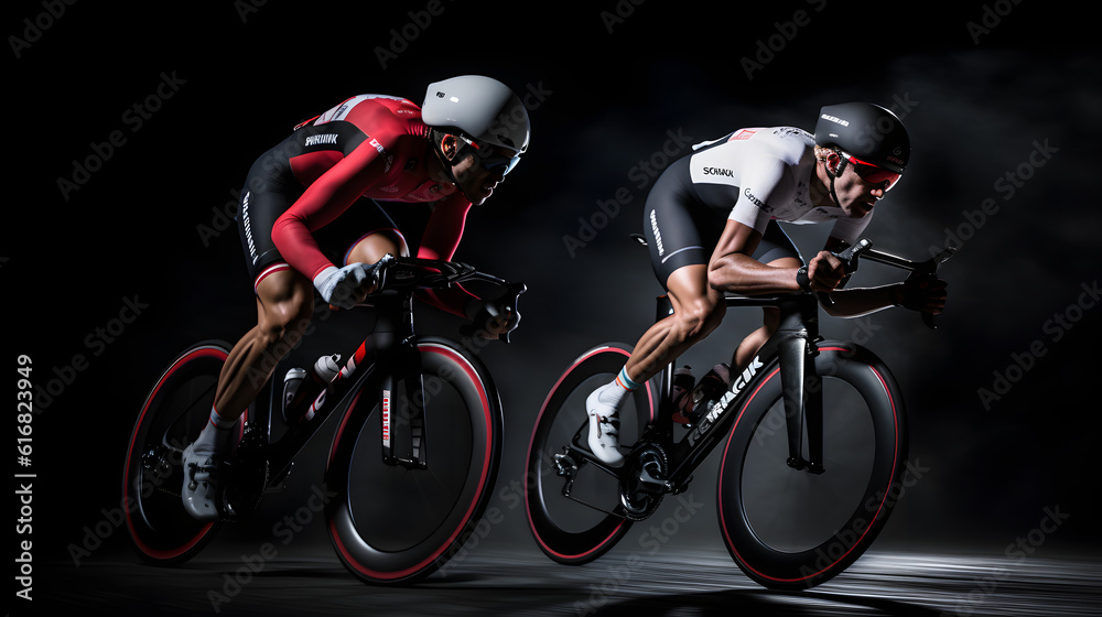 two cyclist racing with black blurry background created using generative AI tools