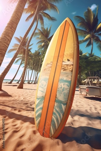 surfboard leaning against palm tree, photorealistic beach , Generative AI