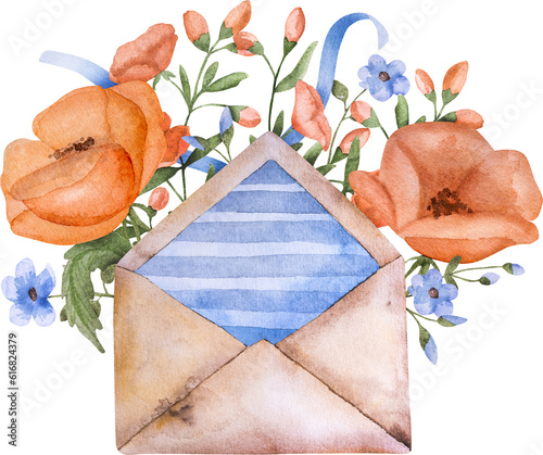 Vintage envelope with poppy flowers watercolor painting. Retrro letter paper with floral ornament aquarelle drawing photo