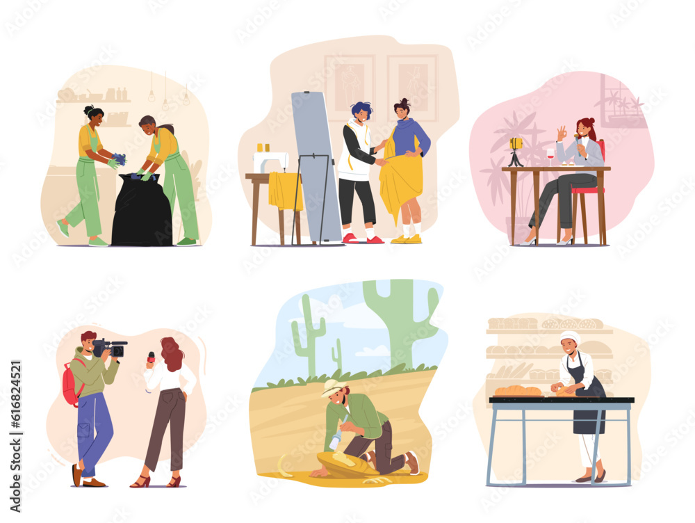 Set of Female Character Professions. Woman Work in Cleaning Service, Tailor in the Atelier, Food Blogger and Journalist