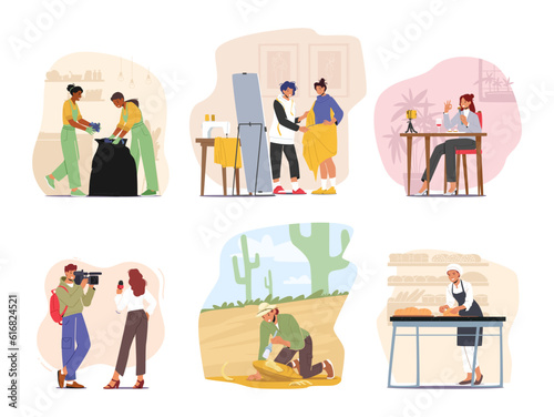 Set of Female Character Professions. Woman Work in Cleaning Service, Tailor in the Atelier, Food Blogger and Journalist