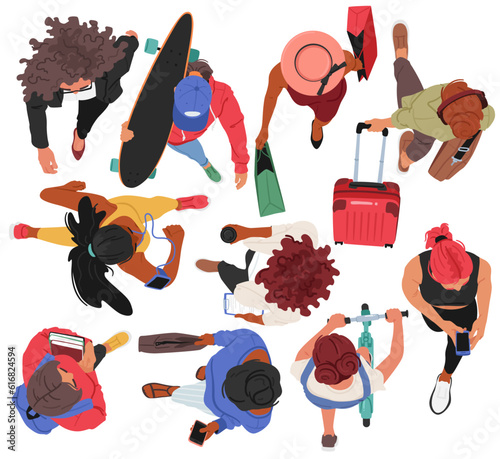 Set of Female Characters with Different Equipment and Activities Top View, Group Of Women Walking Together