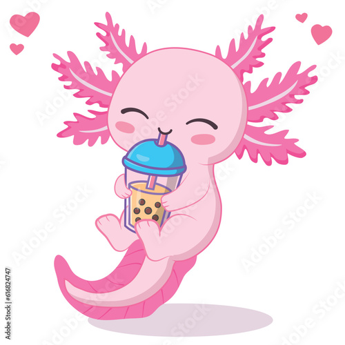 Kawaii axolotl drinking boba milk tea cartoon vector illustration

