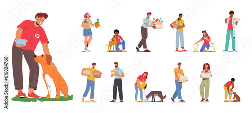 Set Volunteers With Animals. Compassionate Group Of Characters Helping And Caring For Animals In Need, Offering Support