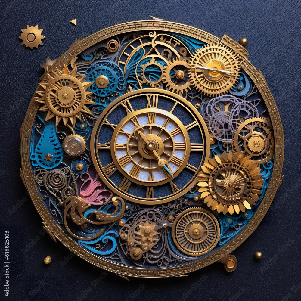 A gold clock with gears and gears on a blue background. Generative AI.