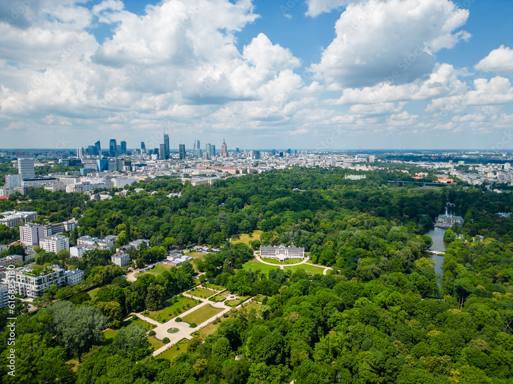 Warsaw city center and Lazienki Park from above, aerial landscape
