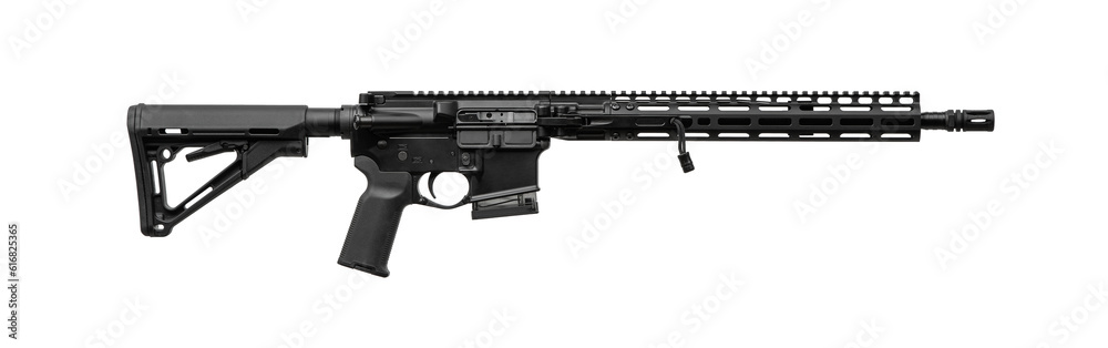 Modern automatic rifle isolated on white back. Weapons for police, special forces and the army. Folding automatic carbine. Assault rifle on white back.