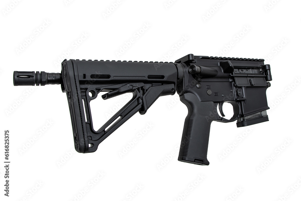 Modern automatic rifle isolated on white back. Weapons for police, special forces and the army. Folding automatic carbine. Assault rifle on white back. Modern automatic rifle isolated on white back. Weapons for police, special forces and the army. Folding automatic carbine. Assault rifle on white back.