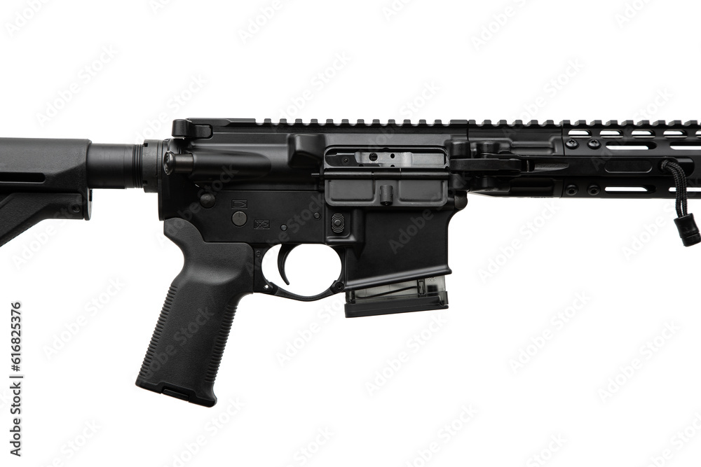 Modern automatic rifle isolated on white back. Weapons for police, special forces and the army. Folding automatic carbine. Assault rifle on white back. Modern automatic rifle isolated on white back. Weapons for police, special forces and the army. Folding automatic carbine. Assault rifle on white back.