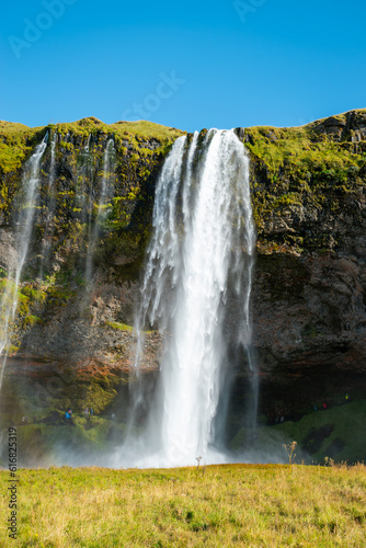 View of Seljalandsfoss waterfall on a sunny day, Iceland