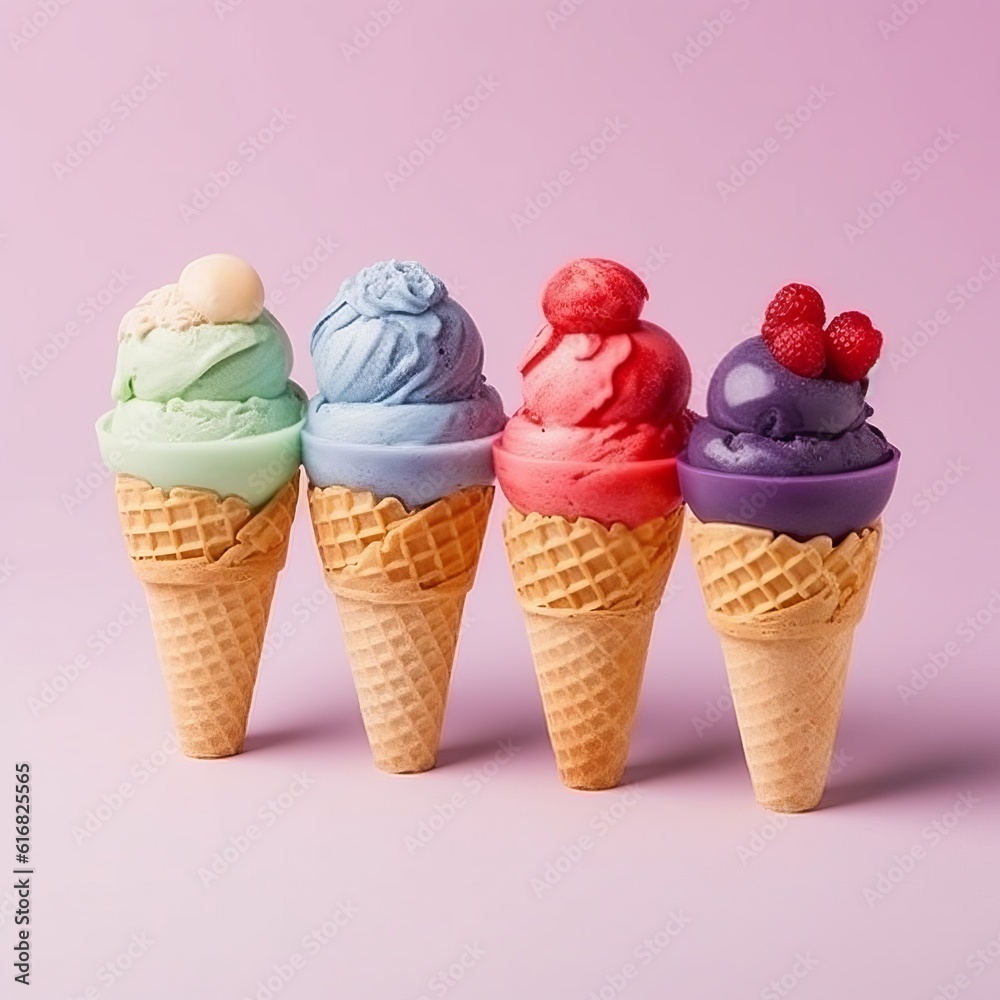 Soft ice cream in a waffle cone with fruits and berries, different colors and fillings. Delicious cold dessert. Neon light minimalistic background. Generative AI
