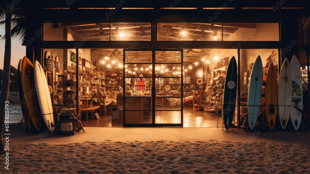 Naklejka premium Surf shop on the beach with epic background