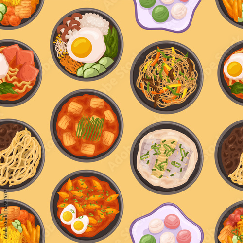 Vibrant Seamless Pattern Showcasing Various Delectable Korean Dishes, Bursting With Flavors And Colors, Illustration