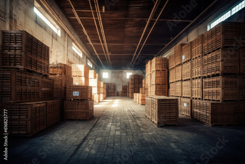 rows of wooden crates and pallets for storing and transporting goods in the warehouse. generative ai, ai, generative © Svetlana