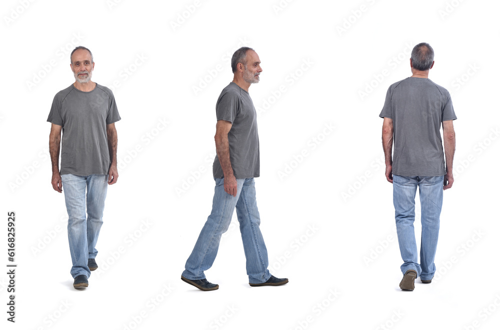 front side and back view of same man walking on white front side and back view of same man walking on white