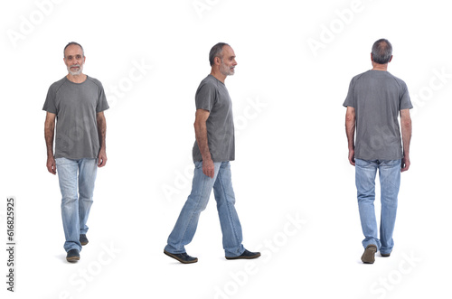 front side and back view of same man walking on white