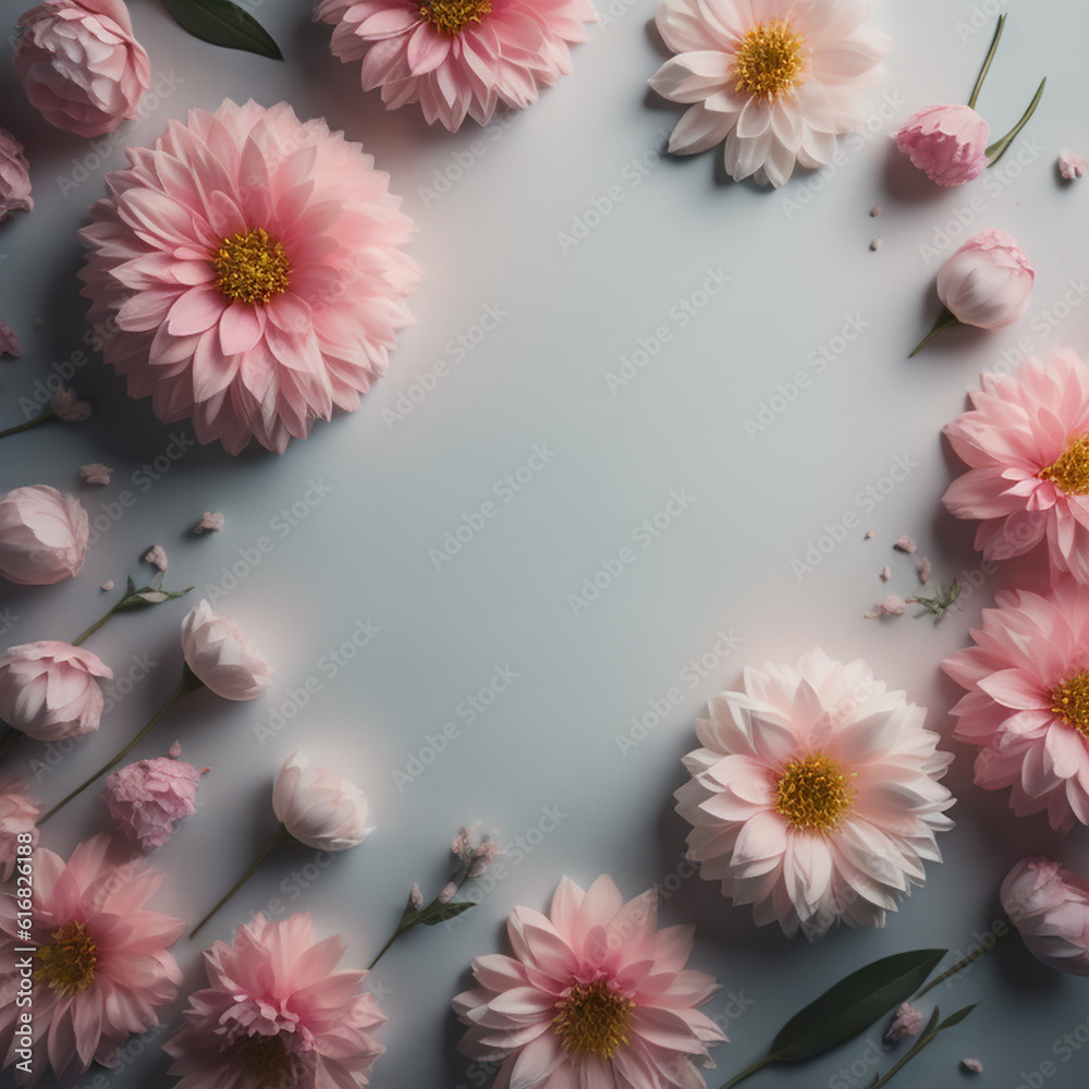 Top View Image of Pink Flower Composition Floating Over a Delicate Pastel Background, Creating a Tranquil Ambiance Top View Image of Pink Flower Composition Floating Over a Delicate Pastel Background, Creating a Tranquil Ambiance