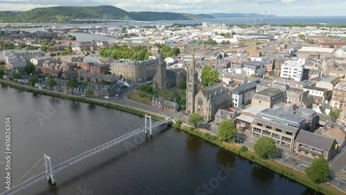 Aerial drone view of the church and river in Inverness Scotland