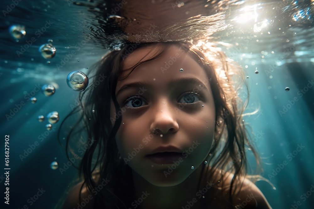 Attractive young child swims underwater in the sea. Generative AI Attractive young child swims underwater in the sea. Generative AI