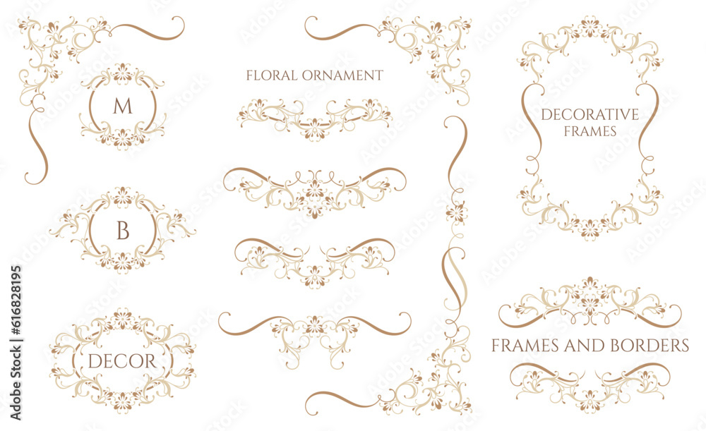 Floral monograms and borders, frames for cards, invitations, menus, labels. Classic ornament. Graphic design pages. Floral monograms and borders, frames for cards, invitations, menus, labels. Classic ornament. Graphic design pages.