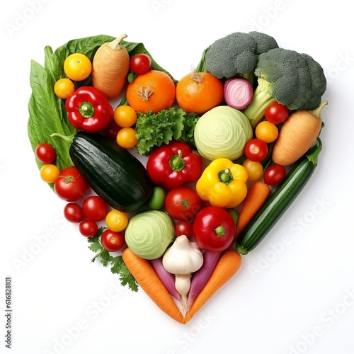 Heart shape made of different vegetables isolated on white background  Generative AI