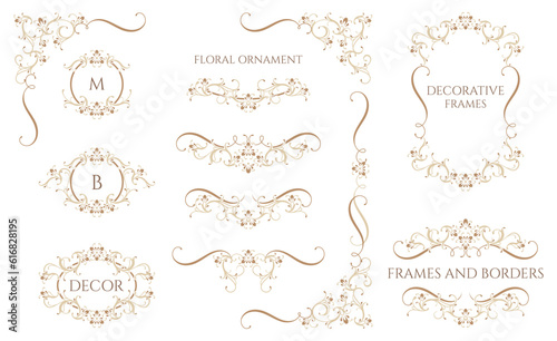 Floral monograms and borders, frames for cards, invitations, menus, labels. Classic ornament. Graphic design pages.