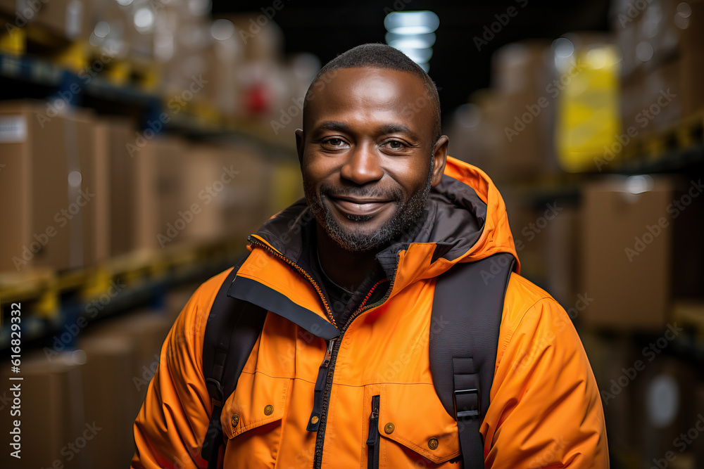 Photo of a man in an orange jacket working in a warehouse Photo of a man in an orange jacket working in a warehouse