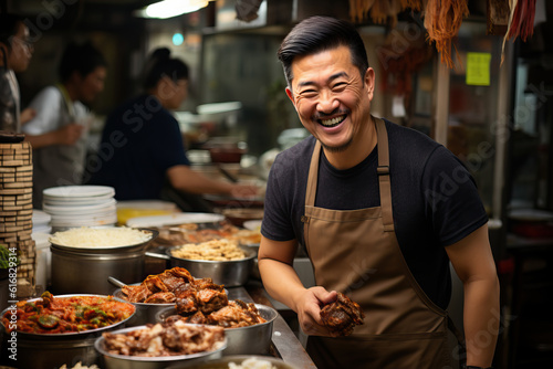 Photo of a hard-working asian man standing proudly in front of a table full of delicious food