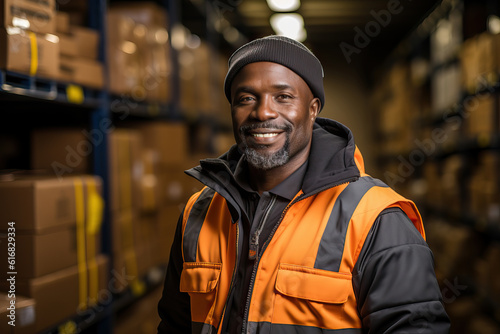 hoto of a worker in an orange vest standing inside a warehouse
