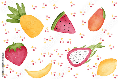 Fototapeta Naklejka Na Ścianę i Meble -  handpainted watercolor seamless pattern with strawberry and tropical fruits