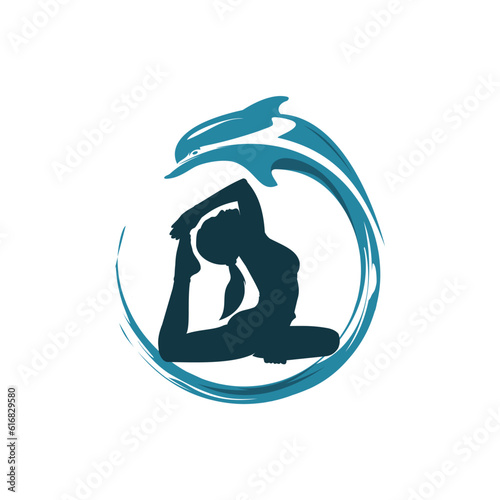yoga meditating woman and dolphin vector logo design