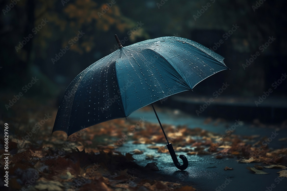 Black umbrella standing under rain in autumn park. Generative AI.