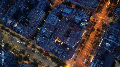 Central areas of Barcelona at night. Top view, filming from a drone. photo