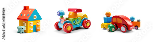 cutout set of 3 colorful classic toddler or baby toys isolated on transparent png background - Generative AI