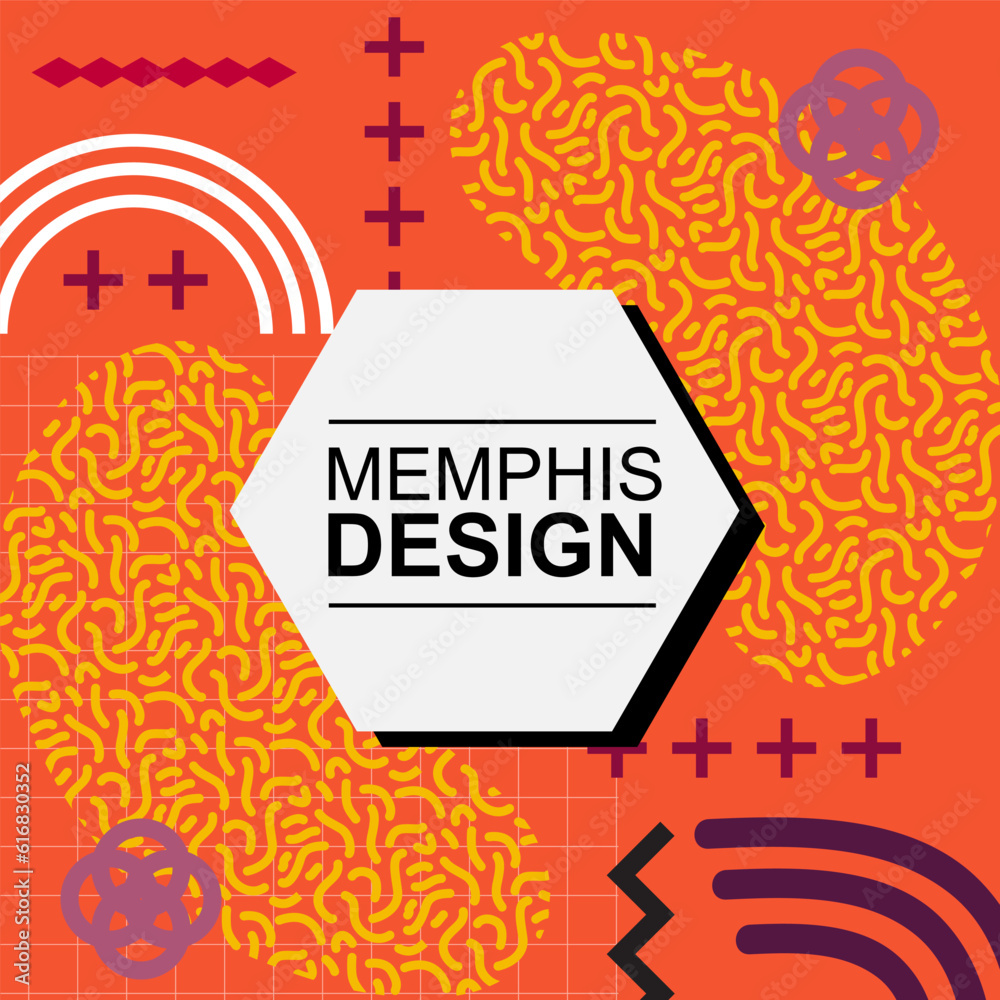 Obraz premium Abstract background square card with various geometric shapes ornaments and text space. Square wallpaper with geometric memphis style.