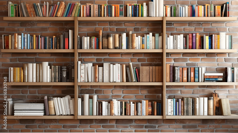 modern full wall full-length bookshelf filled with colorful paper books, smart book background, generative ai modern full wall full-length bookshelf filled with colorful paper books, smart book background, generative ai