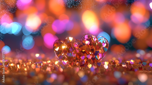 romantic red background with hearts, sparkles and bokeh, generative ai