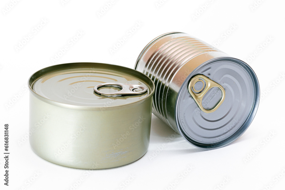 Unopened Tin Cans with Blank Edges on White Background. Canned Food. Aluminum Cans for Safe and Long Term Storage of Food. Steel Sealed Food Storage Containers Unopened Tin Cans with Blank Edges on White Background. Canned Food. Aluminum Cans for Safe and Long Term Storage of Food. Steel Sealed Food Storage Containers