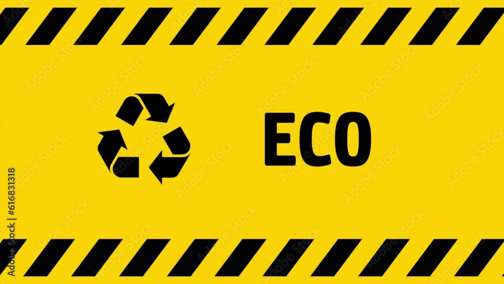 Recycling symbol flashing on yellow screen with black stripes. Eco friendly and ecology icon on display. Loopable and seamless abstract concept background. Recycling symbol flashing on yellow screen with black stripes. Eco friendly and ecology icon on display. Loopable and seamless abstract concept background.