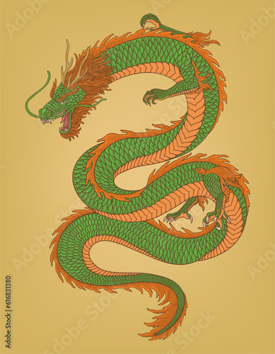 Angry chinese dragon, vintage engraving drawing style vector illustration