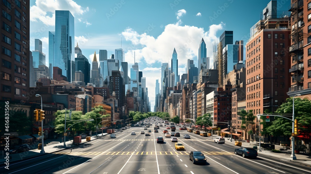 Dynamic urban skyline with skyscrapers, cars, and bustling city streets. Dynamic urban skyline with skyscrapers, cars, and bustling city streets.