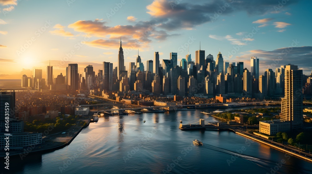 Obraz premium Downtown Cityscape at Dusk with Illuminated Skyscrapers and Water Reflection