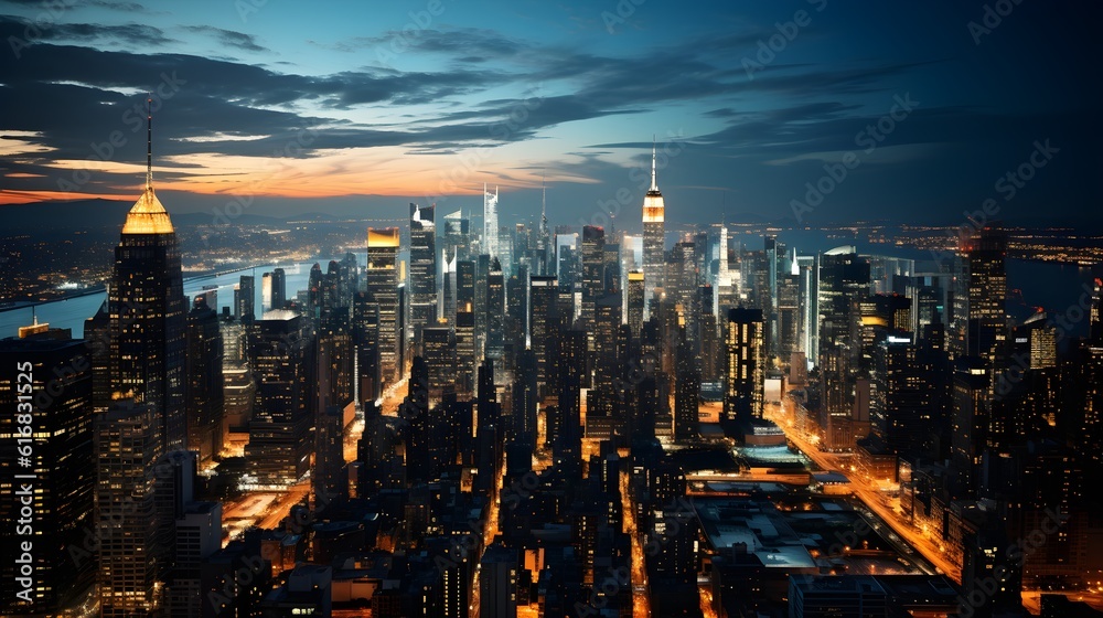 Obraz premium An illuminated urban skyline at dusk with towering skyscrapers and city buildings.