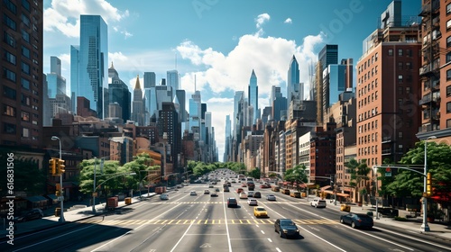 Dynamic urban skyline with skyscrapers, cars, and bustling city streets. © Kelvin