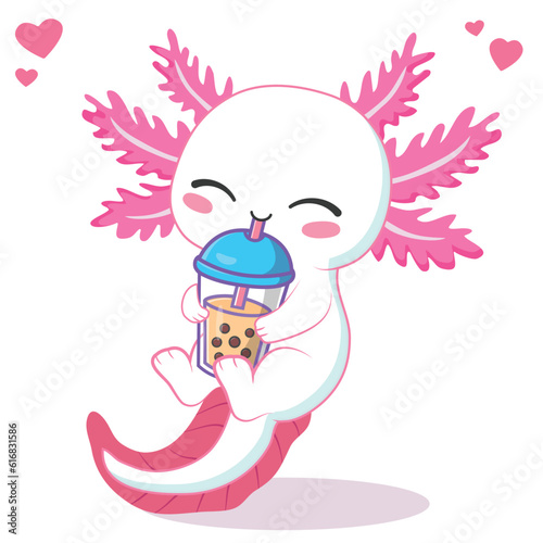 Kawaii axolotl drinking boba milk tea cartoon vector illustration
