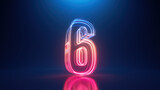 3d rendering. Neon number six. Glowing colorful line inside the glass symbol 6 shape. Top chart