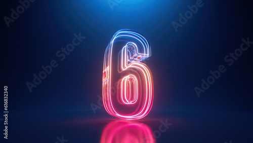 3d rendering. Neon number six. Glowing colorful line inside the glass symbol 6 shape. Top chart photo